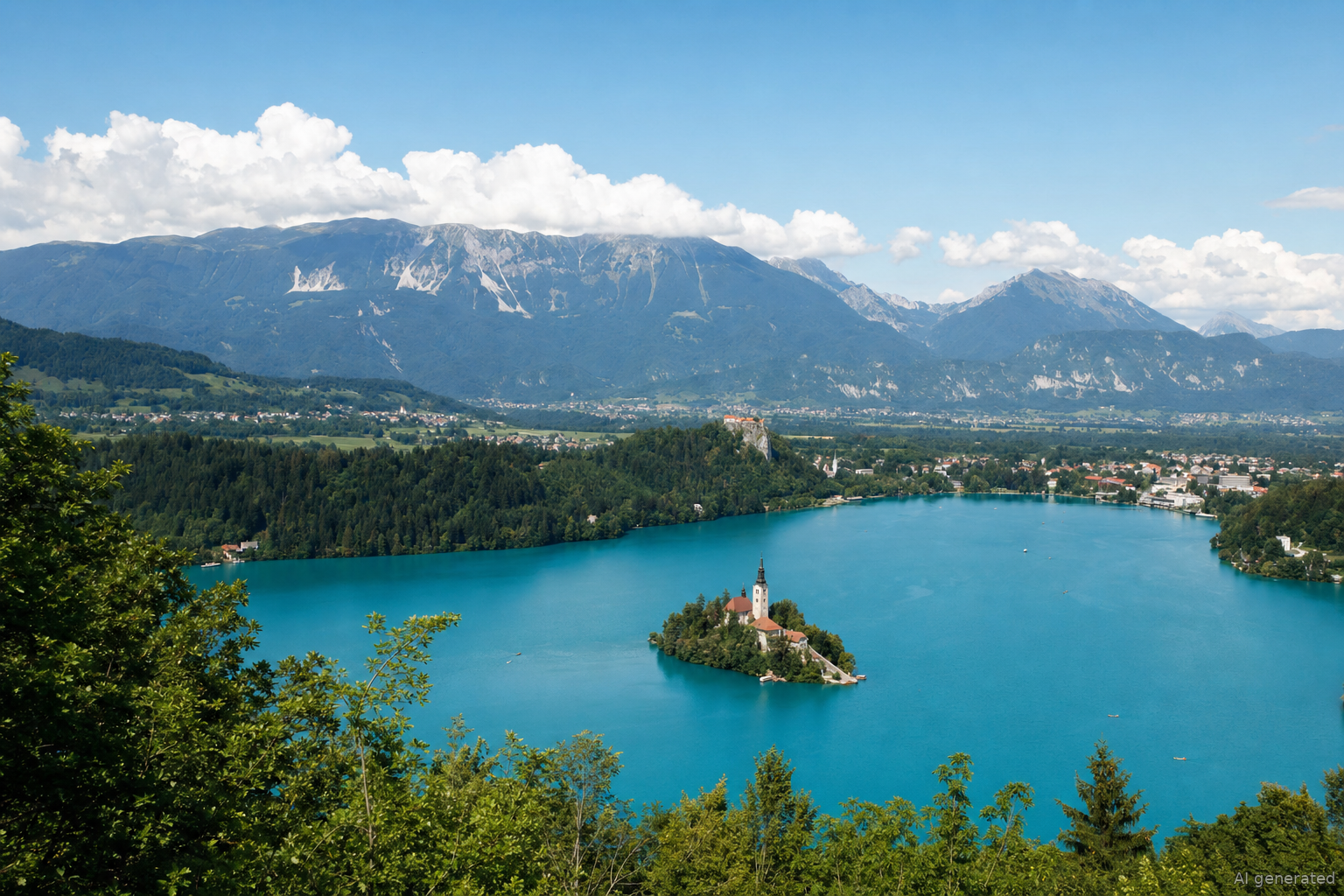 Výhled na Blejské jezero s ostrovem a hradem Bled