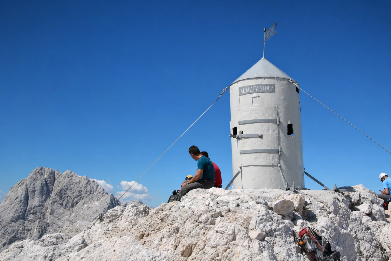 Aljažev stolp na vrcholu Triglavu v Národním parku Triglav