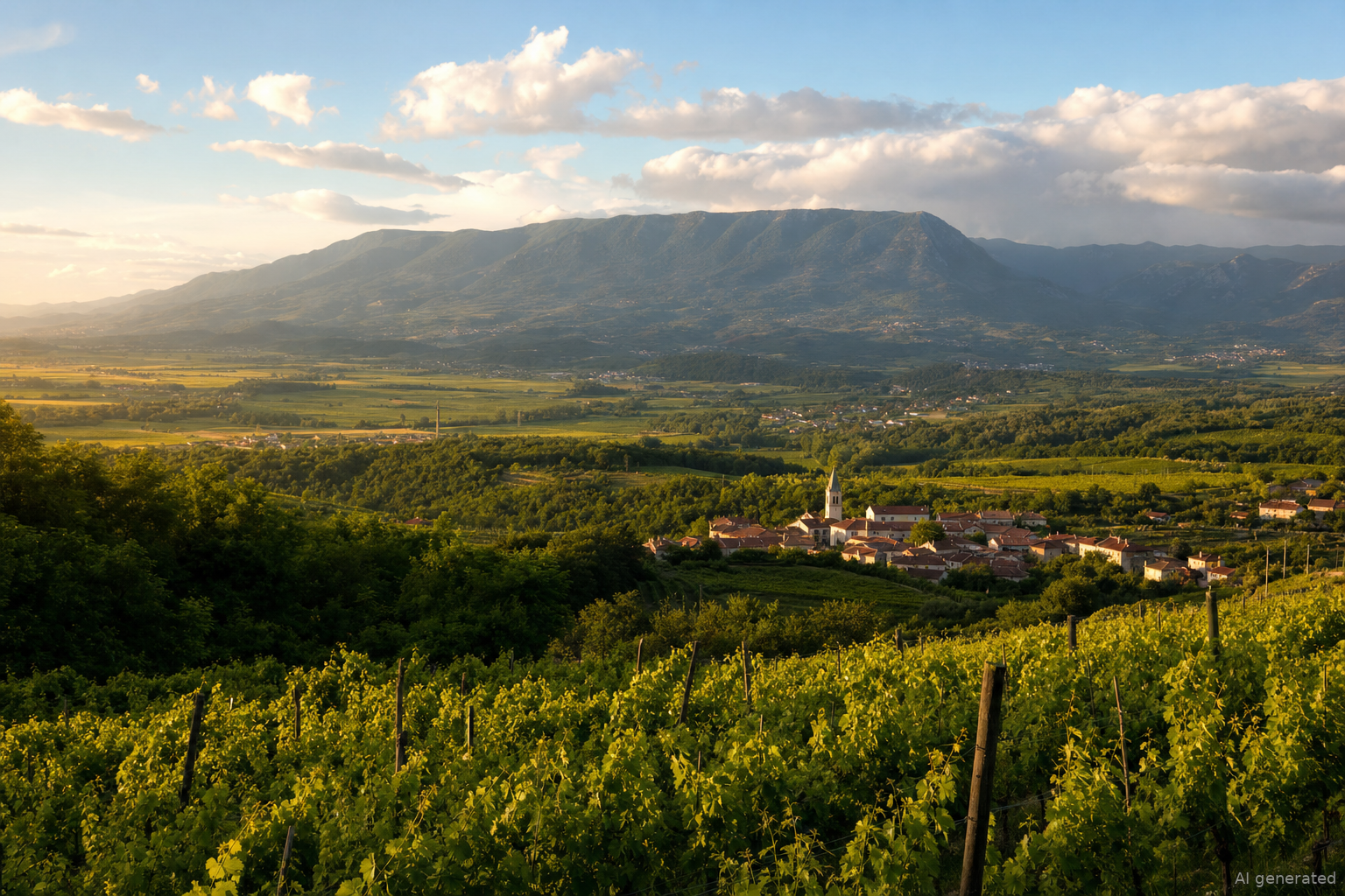 Vinmarker og landsby i Vipava-dalen i karst- og vinregionen