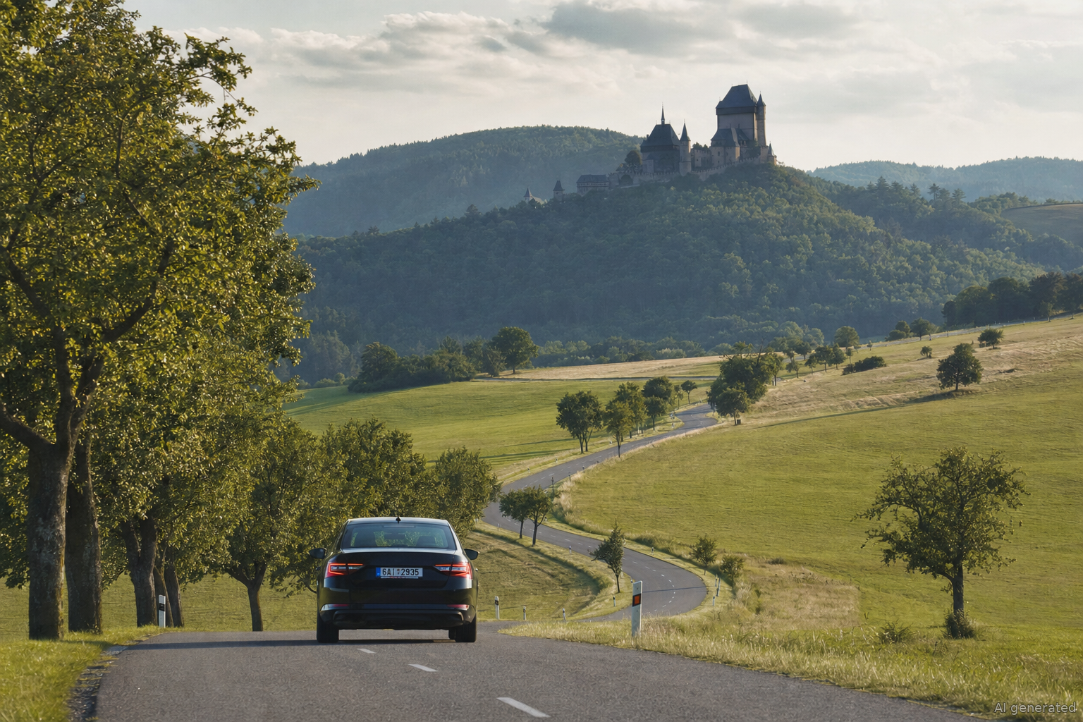 Roadtrip mit dem Auto durch die tschechische Landschaft mit Burg im Hintergrund