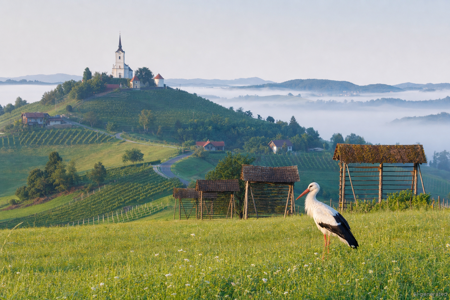 Vinkulle med kyrka och stork i Goričko naturpark
